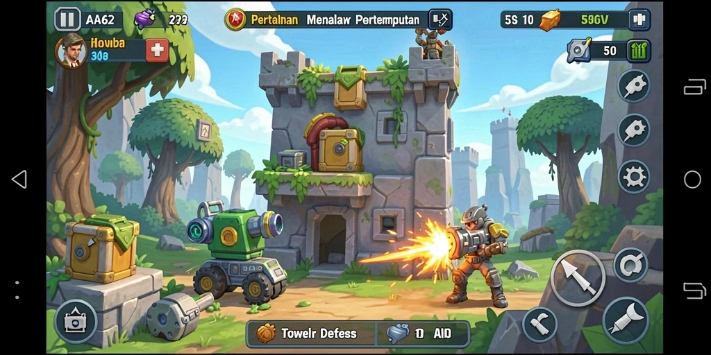 Screenshot gameplay AA62 menunjukkan aksi seru saat mempertahankan menara.