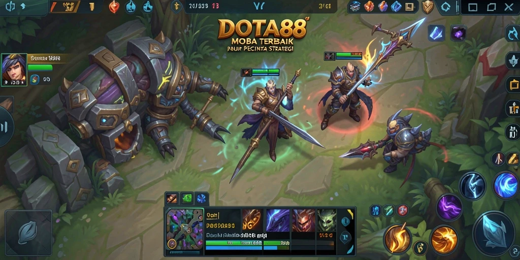 Screenshot gameplay DOTA88 menampilkan pertempuran seru antara hero-hero di arena.