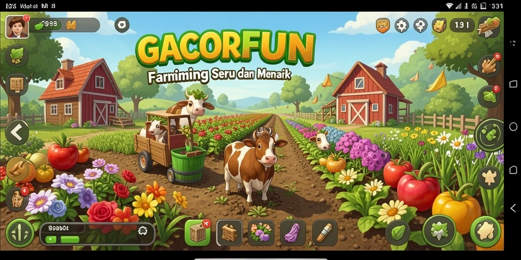 Tampilan utama gameplay GACORFUN yang menampilkan kebun yang indah.