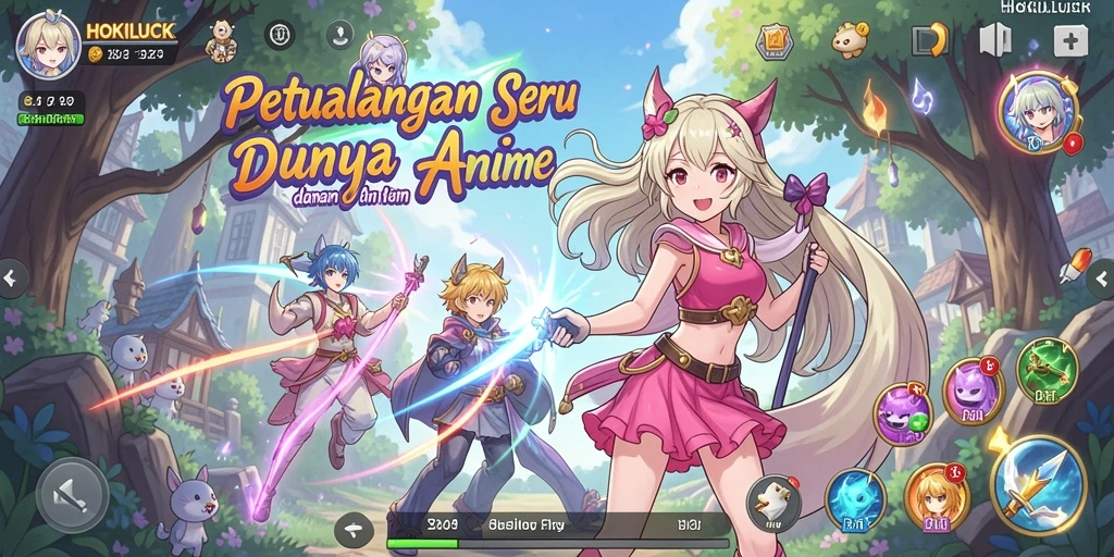 Tampilan gameplay HOKILUCK dengan karakter anime penuh aksi.