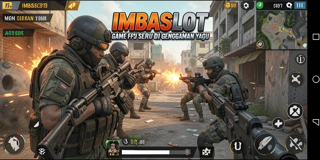 Screenshot utama IMBASLOT menampilkan aksi tembak-menembak yang mendebarkan.