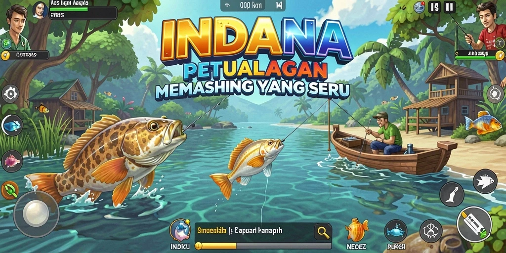 Screenshot gameplay INDAAA menunjukkan aksi memancing yang seru dan mendebarkan.