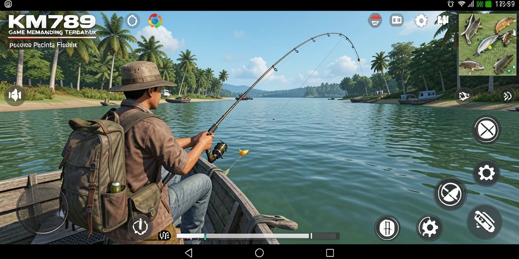 Screenshot utama KM789 menunjukkan aksi seru saat memancing ikan di lokasi eksotis.
