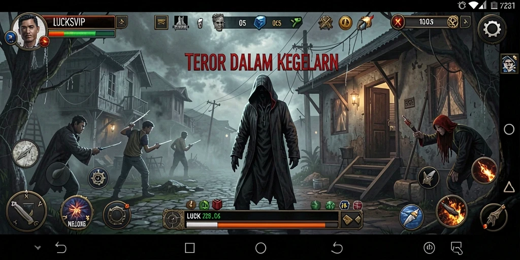 Menampilkan gameplay mencekam dari LUCKSVIP saat pemain menjelajahi dunia kelam.